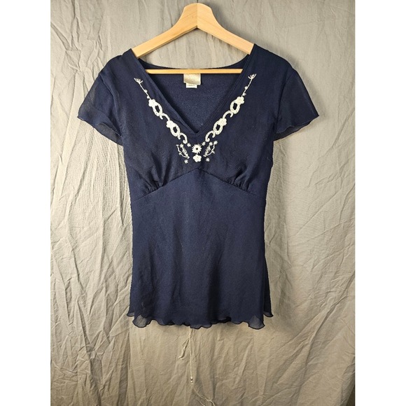 B. Moss Tops - B. Moss Navy Blue Floral Embroidered V-Neck Tie Back Blouse XL 10331